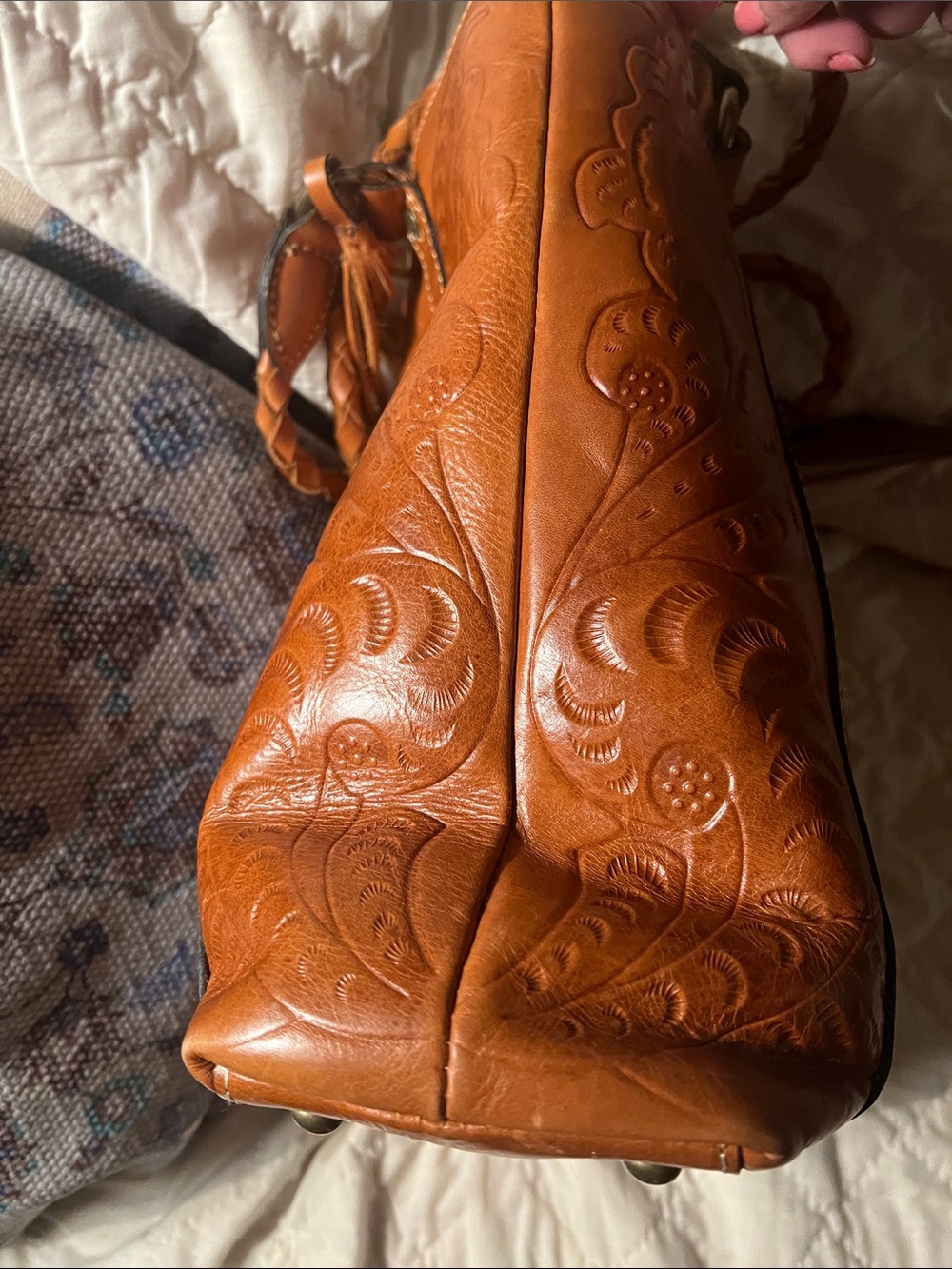 Patricia Nash Rena Burnished Brown Tooled Leather Tote Zip Top Tassels - Picture 5 of 11